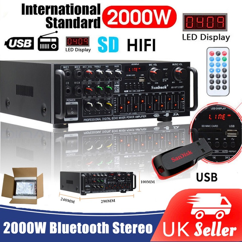 2000W Digital Bluetooth Stereo Amplifier Amp HIFI 2CH Tuner USB SD 4Mic Inpurt