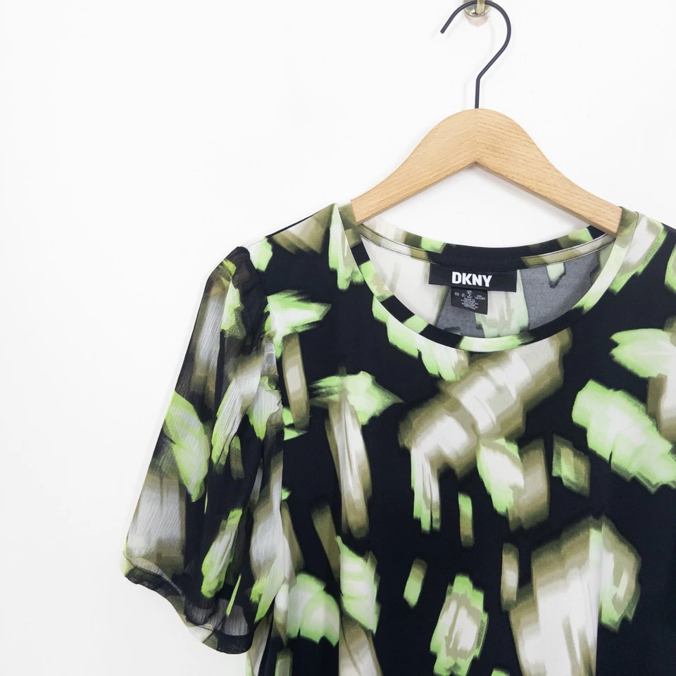 Blusa Jersey DKNY Negra Verde Abstracta Talla XL Manga Organza Foto 3 de 4