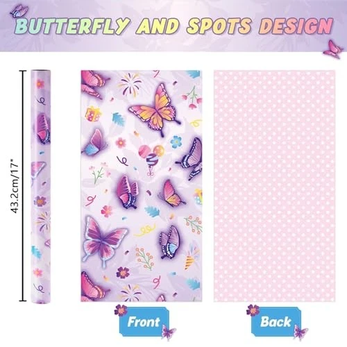  Wrapping Paper -1 Roll 17” x 33 ft Reversible Birthday Wrapping Butterfly - Image 2 of 4