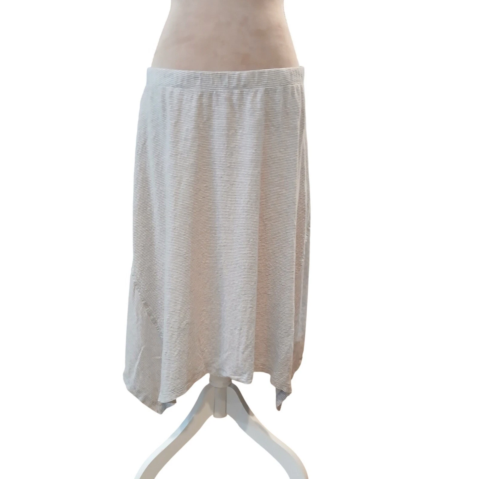 Eileen Fisher Petite PL Grey White Striped 100% Linen Handkerchief Hem Skirt