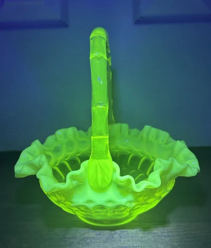 Fenton Vaseline Opalescent Thumbprint 8” Basket