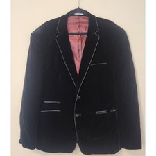 Vinci Mens Black Velvet Blazer Size 4XL Dinner Jacket Faux Leather Trim