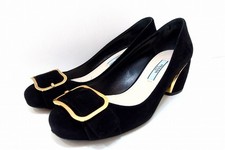 Rare Prada Suede Leather Chunky Heel Pumps Belt Motif Black EU36.5/US6.5