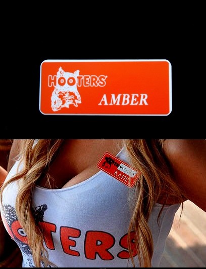 Amber Hooters Uniform Name Tag Pin Drag Queen Cross Dresser Showgirl Bartender