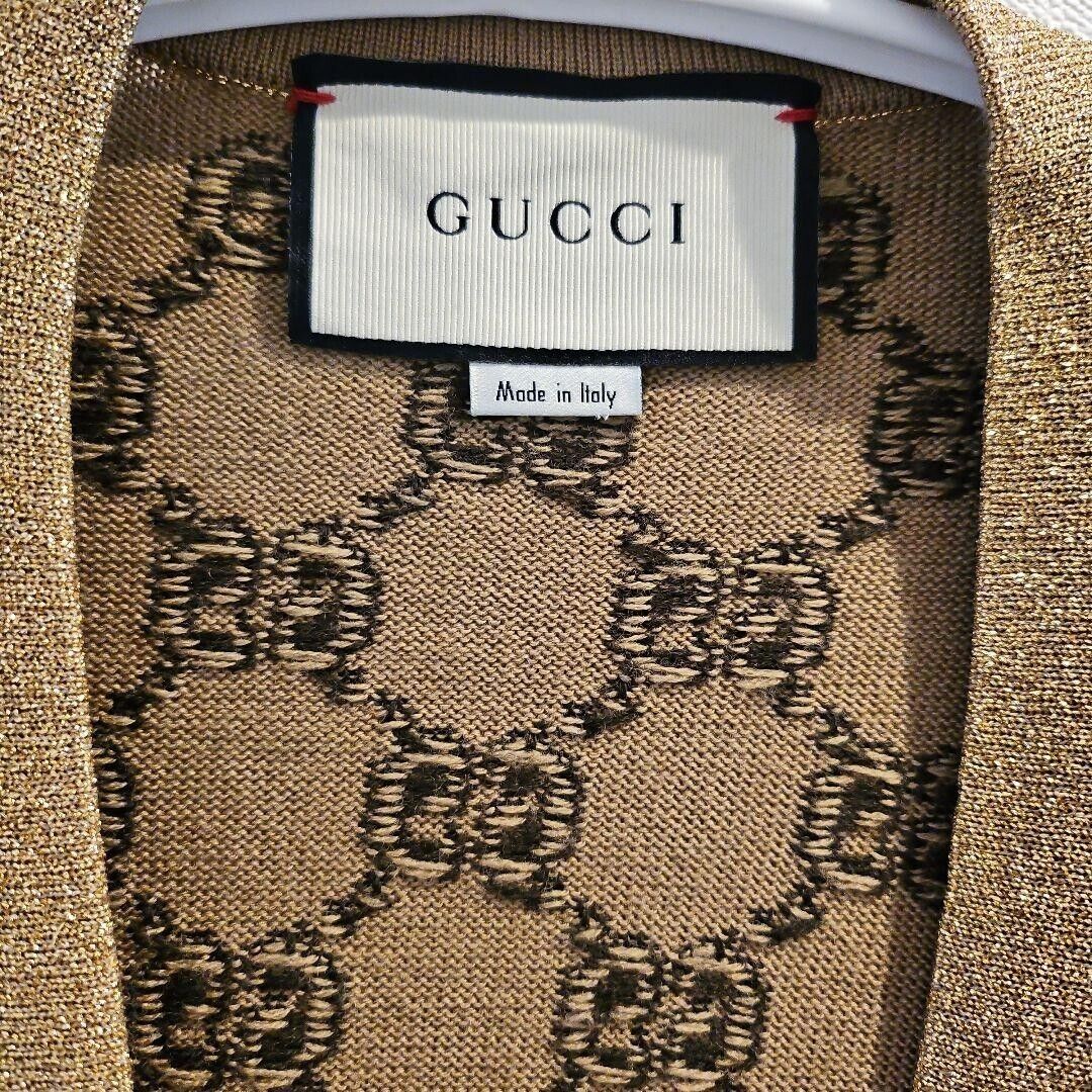GUCCI Cardigan GG Logo Brown x Glitter Gold Size L Women's GUCCI Cardigan GG Logo Brown x Glitter Gold Size L Women's
