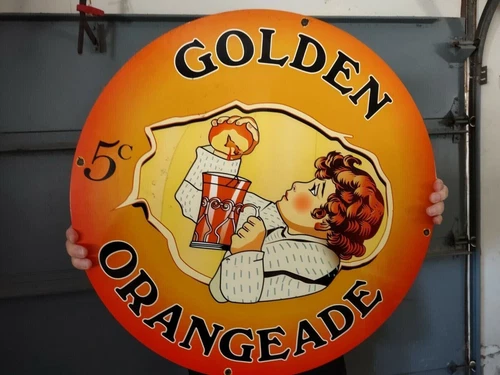LARGE VINTAGE GOLDEN ORANGEADE PORCELAIN HEAVY METAL ORANGE JUICE SIGN 24"