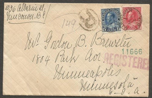 1913 Registered Cover 7c Admiral Multi CDS Vancouver BC to USA | eBay