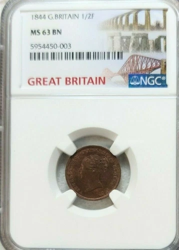 1844 GREAT BRITAIN 1/2 FARTHING VICTORIA YOUNG HEAD NGC MS 63 SCARCE HIGH GRADE