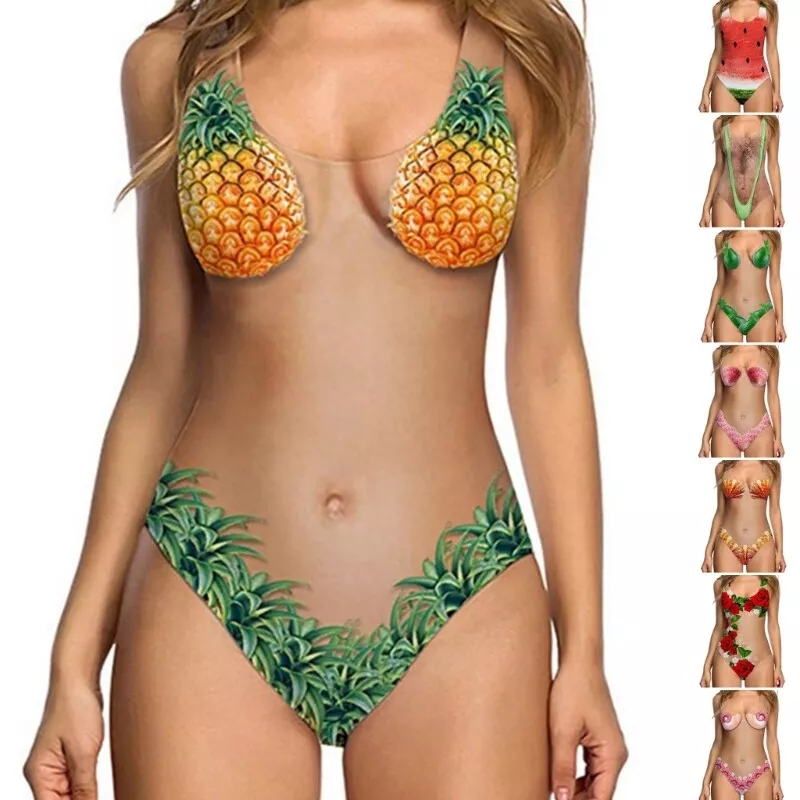 Hairy Chest Printed Swimwear for Women One Piece Swimsuit U neck