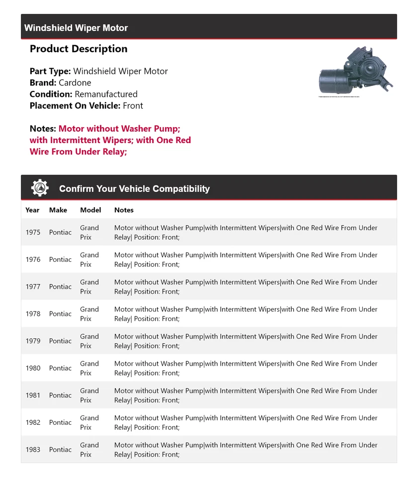 Para Pontiac Grand Prix 1975-1983 Limpiaparabrisas Motor Delantero Cardone 1976 1977 Foto 2 de 4