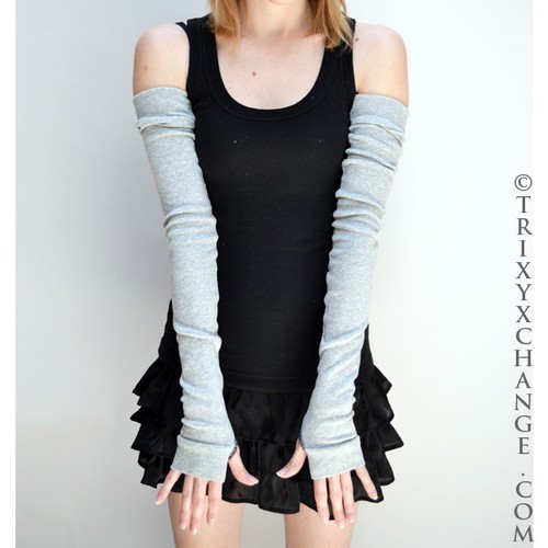 Long Cotton Gloves Gray Arm Warmers Winter Sun Sleeves Hand Covers Finger Holes Picture 1 of 1