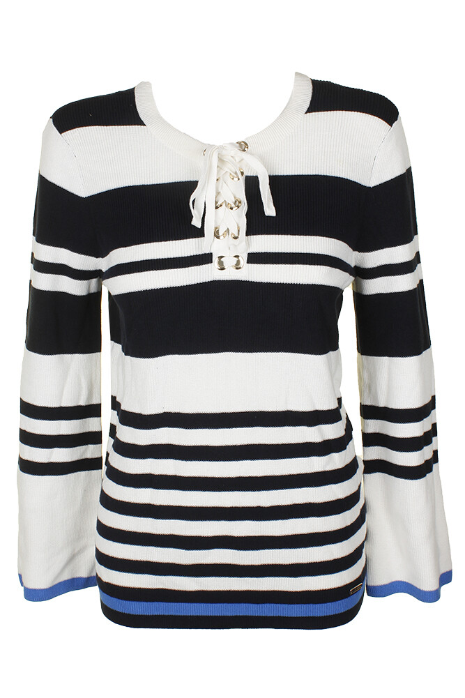 Tommy Hilfiger Темно-синий хлопковый свитер с круглым вырезом на шнуровке в белую полоску XL 4990₽