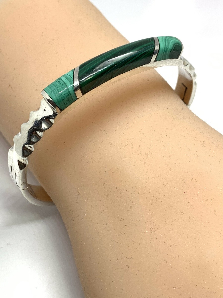 Vintage Sterling Silver 925 Mexico Hinged Cuff Bracelet Malachite