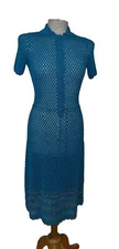Vintage Lewis Henery Dress Small Turquoise Blue Crochet Knit Button 70s Collar