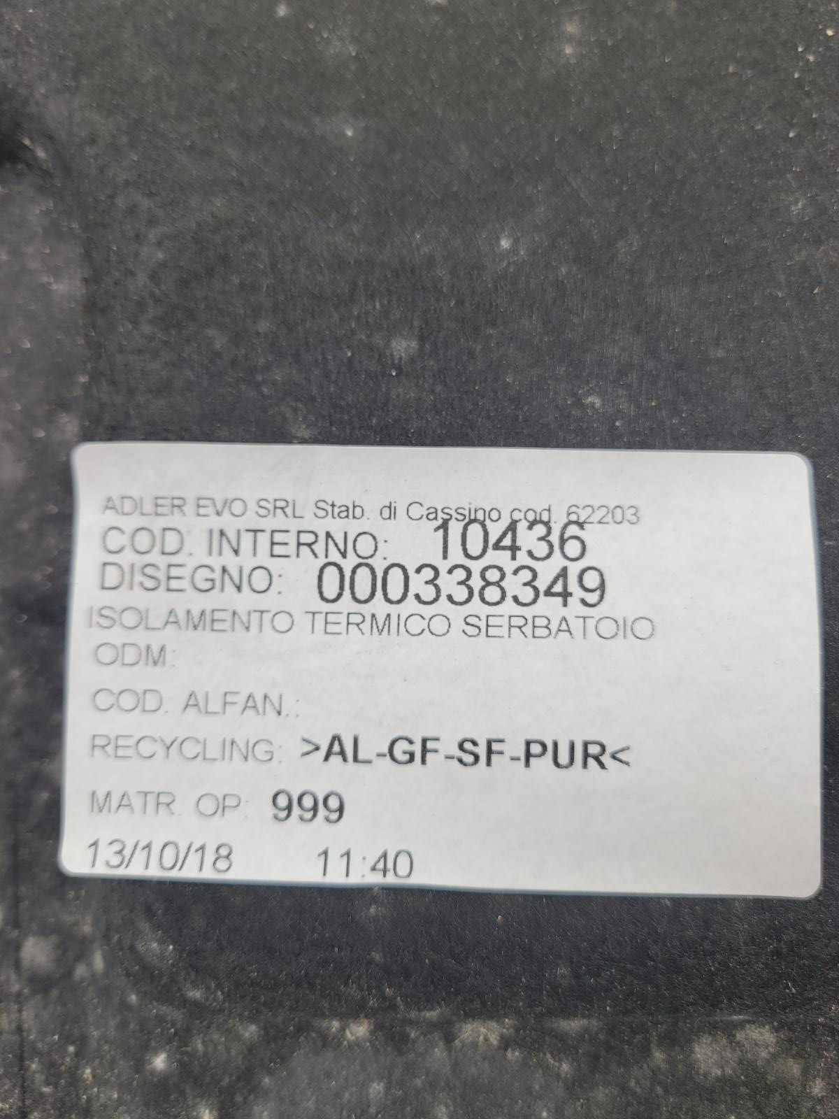 2017-2020 Ferrari Portofino OEM TANK HEAT INSULATION; PART# 338349