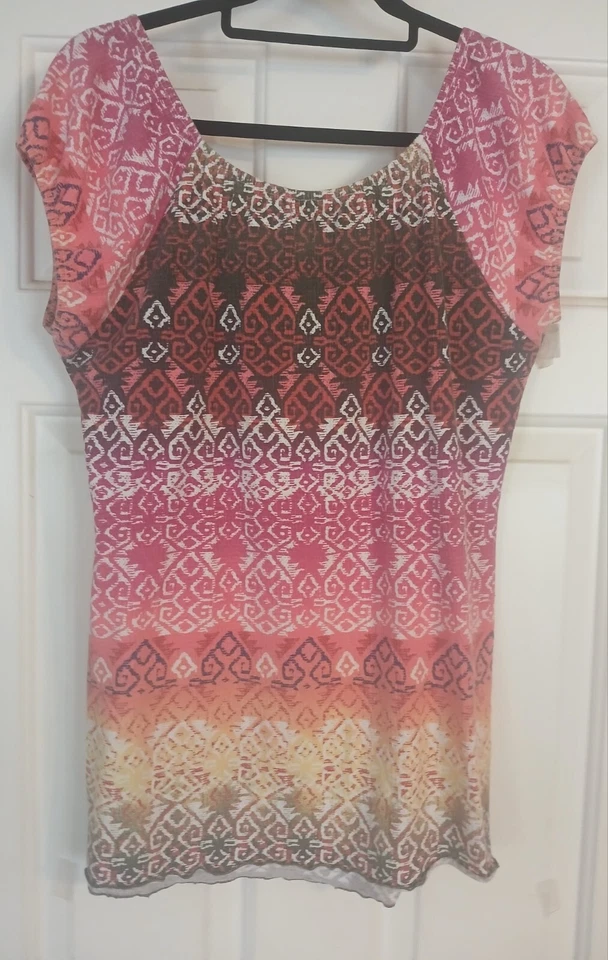 DRESSBARN women's  Cap Sleeve Multicolor Boho Style Top W/Beaded Accent S Foto 3 de 4