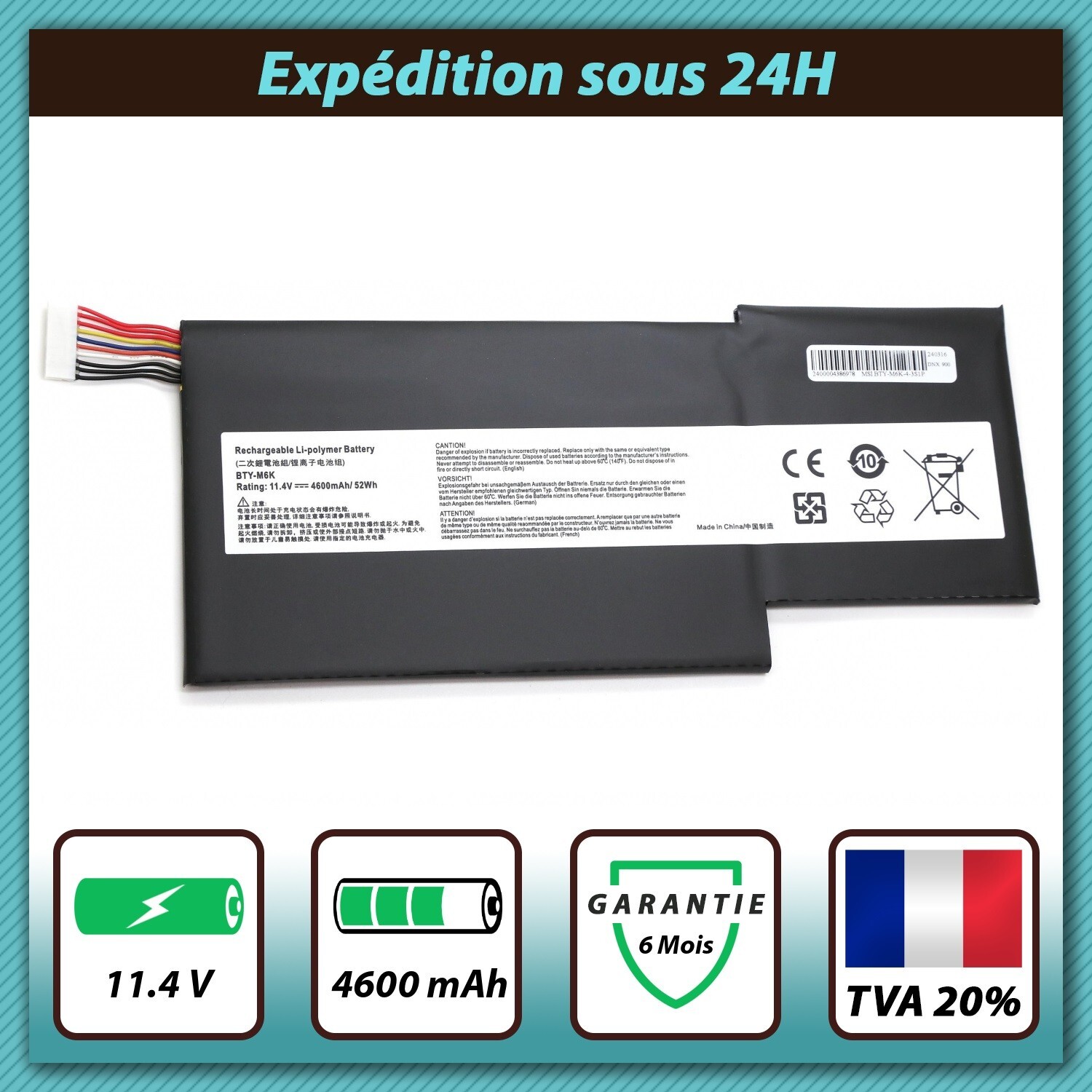 Batterie BTY-M6K de 4600mAh pour MSI GF63 avec cellules Li-Polymer stables 11.4V