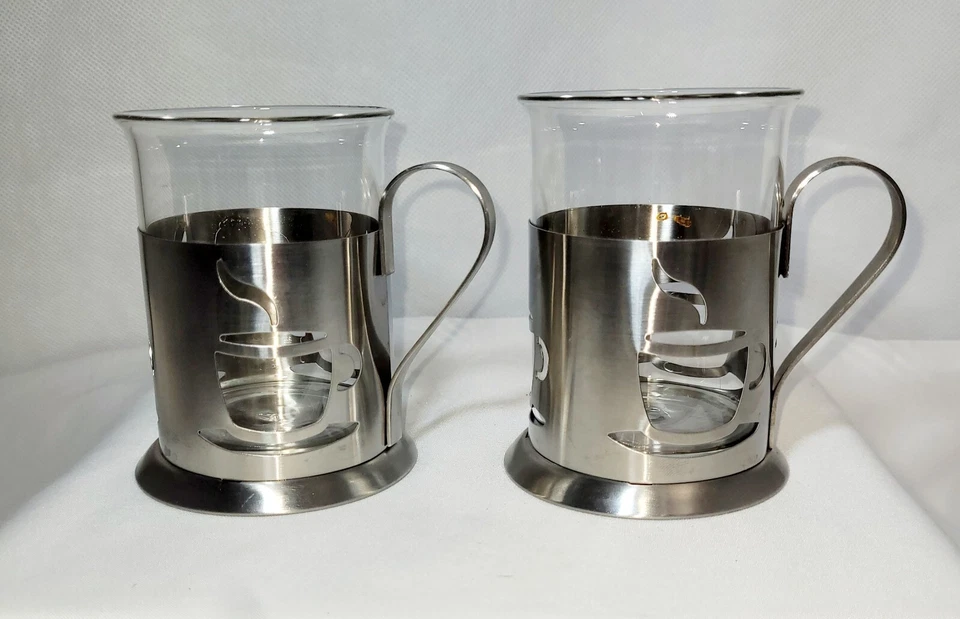 Lote de 4 BergHoff INTL Bélgica Prensa Francesa Acero Inoxidable Vidrio 6 oz. Tazas de té Foto 2 de 4