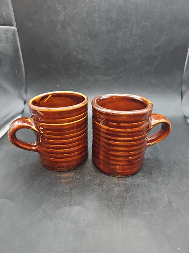 VTG 1950'S HALL POTTERY BROWN GLAZED RIBBED COFFEE MUGS. SET OF 2  #2648 8 OZ.