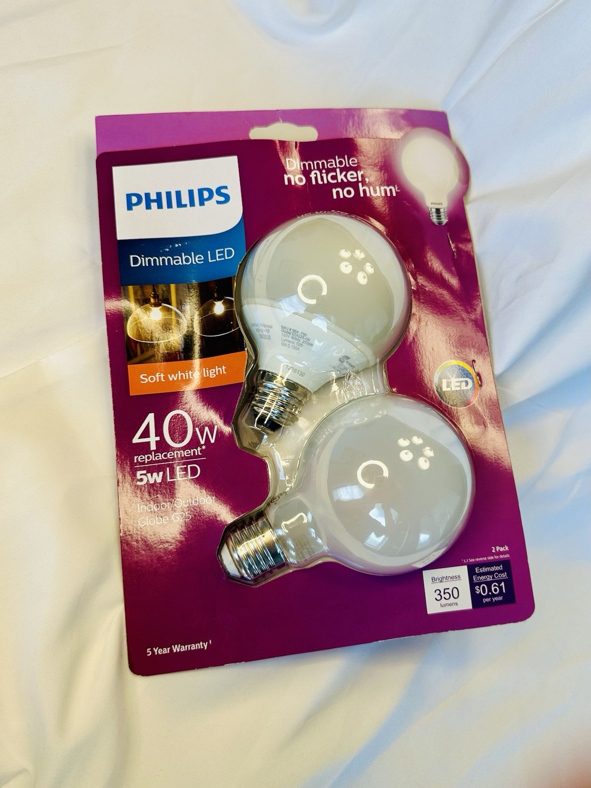Philips 2 pck, LED 40W Indoor/Outdoor Globe G25 Bulb, Soft White Light
