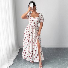 Plus Size Square Neck Dress Cherry Print Slim Fit Midi Dress Vintage Sweet