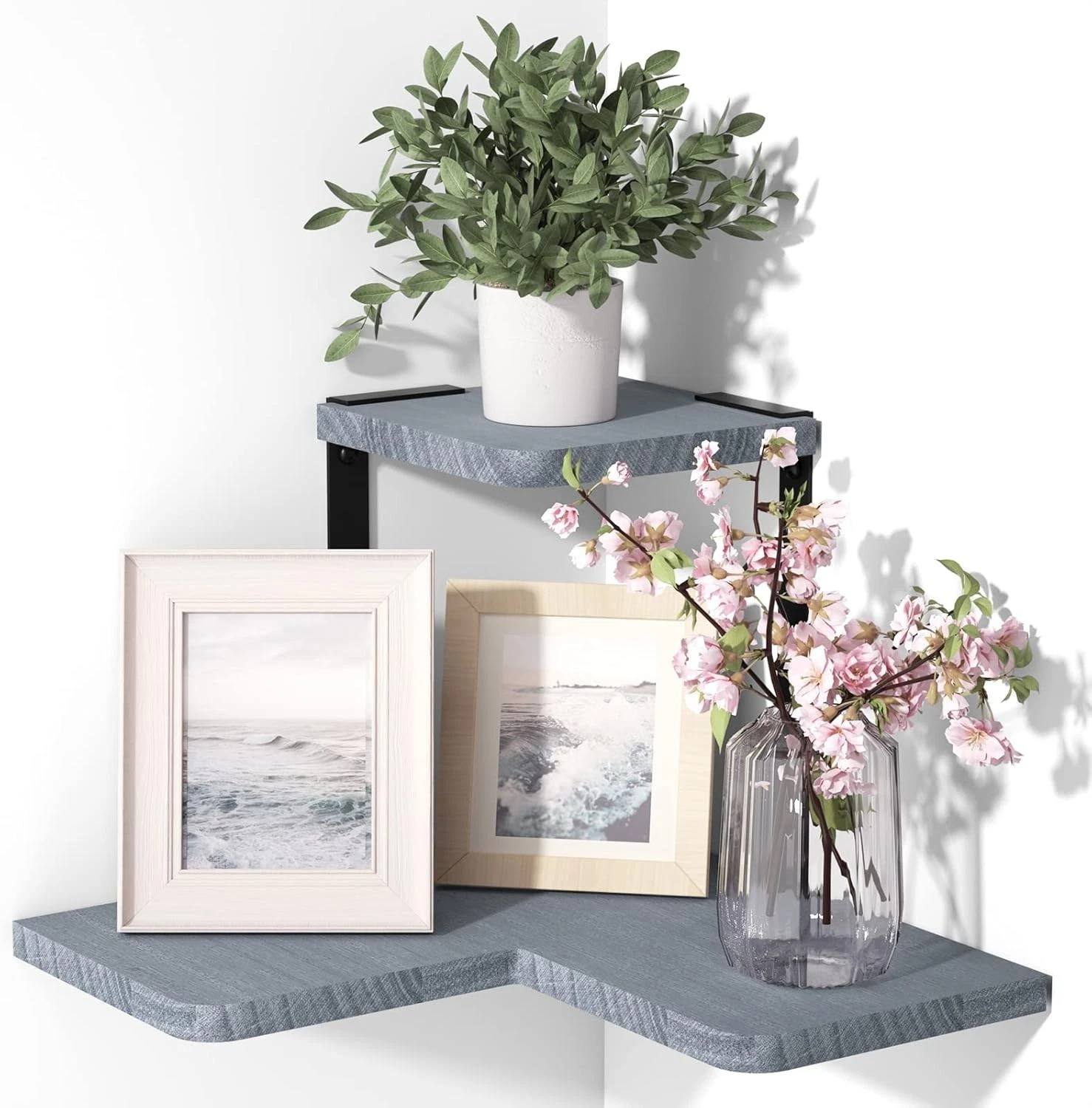 Corner Shelves, 2 Tier Floating Shelves Wall Mounted, Rustic Wood Wal