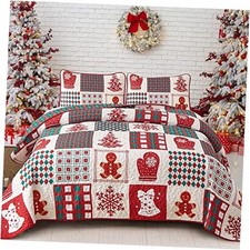 Christmas Quilt Set Christmas Tree Snowman Snowflake Gloves King Red and Beige