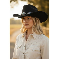 Boutique Western Black Cowboy Hat with Faux Turquoise  Silver Concho Band