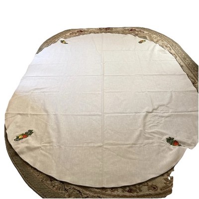 Vtg.Linen Tablecloth Off White Embroidered 4 Appliqués Stitched Brown Edge 56X78
