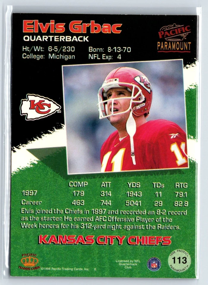 1998 Pacific Paramount Silver #113 Elvis Grbac - Image 2 of 2