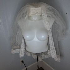 Vintage 1950s Lace Crown Wedding Veil Pearl Beaded Juliet Cap Tulle Bridal Ivory