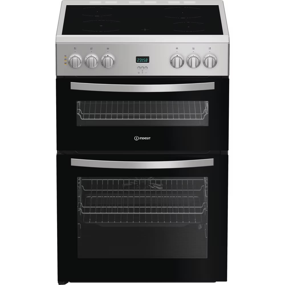 Indesit 600mm Double Electric Cooker Ceramic Hob Silver IDE6VDCS1