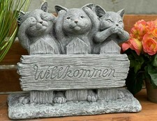 Frostfeste Steinfigur 3 Katzen Willkommen 29 cm Steinguss Garten Deko