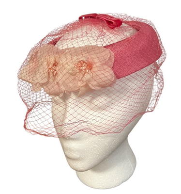 Vintage Vibrant Pink Halo Hat with Netting and Pink Velvet Bows Union-Made Vintage Ladies Hat Pink Open Top Halo Pillbox Birdcage  main image 4