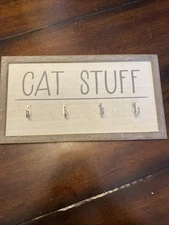 Wooden Wall Picture Frame Decor CAT Key Leash Holder 4 Hooks