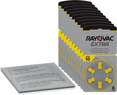 60 piles auditives Rayovac Extra Advanced jaune P10 (10 x 6) + chiffon de net... - Photo 1/4