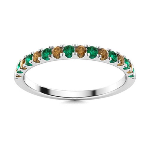 2MM Round Emerald & Smoky Quartz 925 Sterling Silver Half Eternity Women Ring
