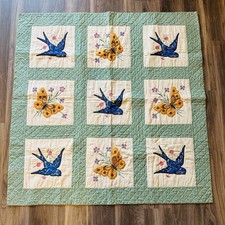 Hand Quilted Yellow Butterfly Blue Bird Quilt Throw 43" x 43.5" Wall Hanging