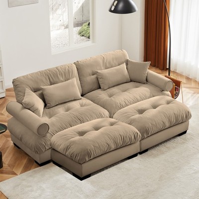 Over Size Modern Two-seater Sofa with Ottoman, Velvet 2-Seater with Round Bolste