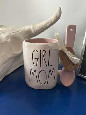 Rae Dunn  GIRL Mom  White & Pink 2 Sided Mug  with Spoon New Mom Shower Gift NEW