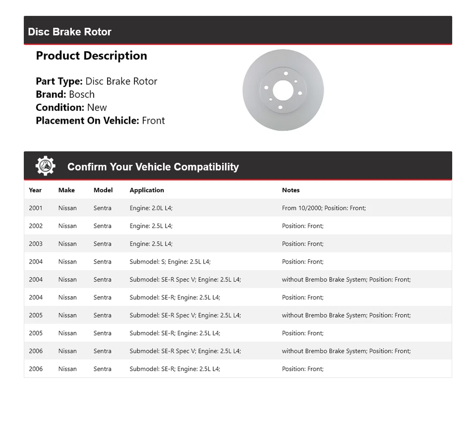 Rotor de freno de disco delantero QuietCast para Nissan Sentra Bosch 2001-2006 2002 2003 Foto 2 de 4