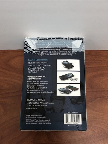 RapidX 2Tango Dual Fast Wireless Charger Qi-Certified 10W Max 20W- OPEN BOX! - Picture 6 of 6