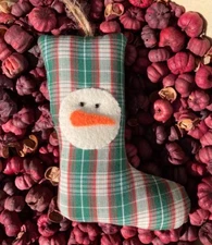 Primitive Christmas Homespun Plaid Stocking w Snowman Applique Ornament