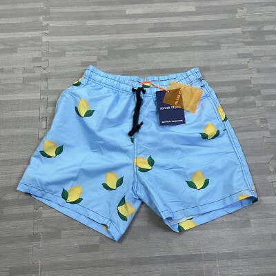 Silver Stone Swim Shorts Mesh-Lined 5'' Trunks Mens Small Blue Lemon AOP Blue $49