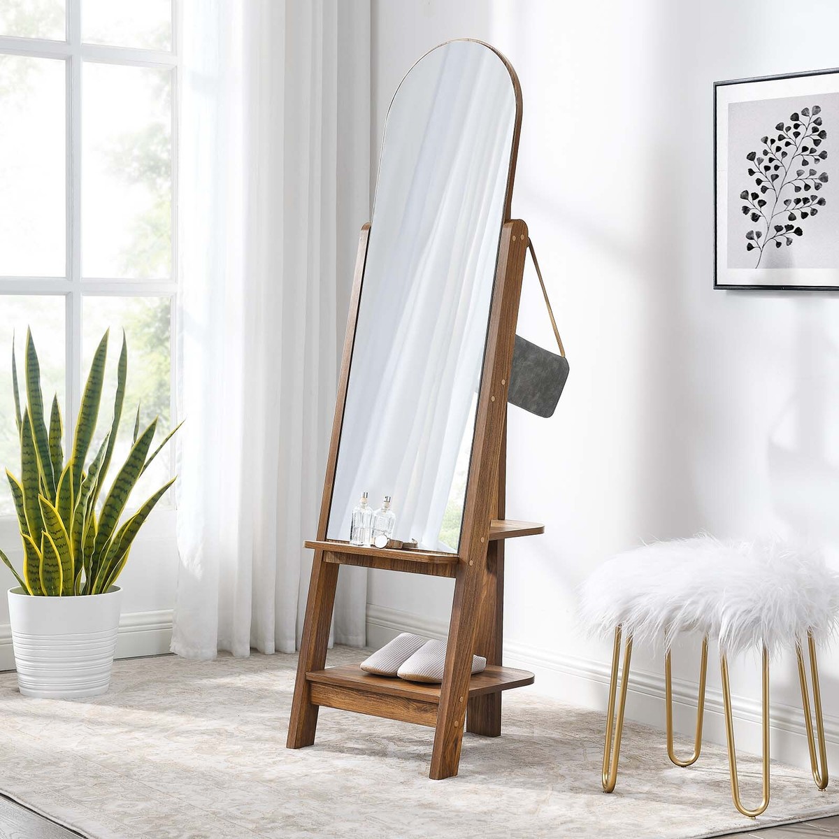 Modway Ascend Arched Wood Easel Standing Mirror in Walnut | eBay