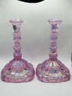 Pair Vintage 7" old Fenton Pink Iridescent Glass Candlesticks Mint w/stickers