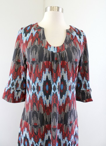 Aryeh Black Red Blue Ikat Geometric Print 3/4 Sleeve Tunic Shift Dress Size S - Picture 2 of 6