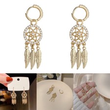 Women Trendy Fashion Jewelry Gold Feather Dream Catcher Boho Drop Earrings CO