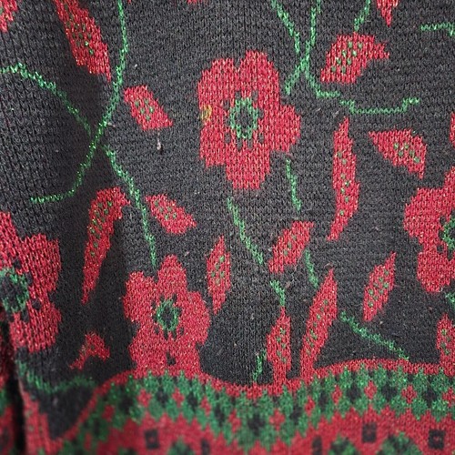 Vintage 80s Red Green Metallic Floral Black Sweater Womens' L? XL?-READ - Picture 2 of 7