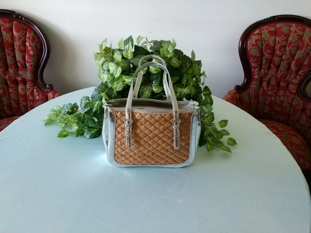 Nine West Purse Medium Silver Cork Look w Metal Logo on Strap Interior Soil